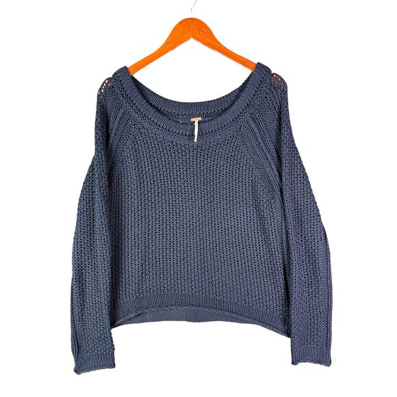 Free People Scoop Neck Pullover Open‎ Knit Light Navy Blue Sweater Womens Small - Picture 1 of 5